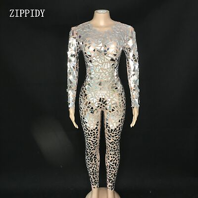 #ad 2022 Sheer Mirror Jumpsuit Stage Show Dance Costume Mesh Sequin Bodysuit GBP 234.69