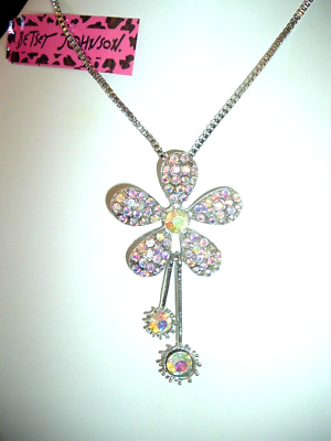 #ad Betsey Johnson SILVER Clear Pave Crystal FLOWER DANGLING Crystal STEMS NECKLACE $31.94