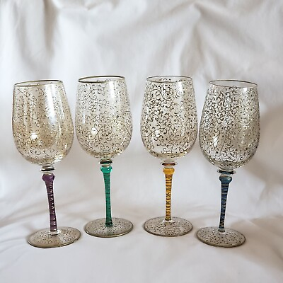#ad Rioja Stemmrd Wine Glasses Pier 1 Imports Colors amp; Gold Scroll Set Of 4 Tall 9¼quot; $35.75