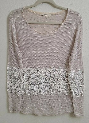 #ad Entro Beige amp; White Embroidered Scoop Neck Oversized Long Sleeve Top sz Small $14.99