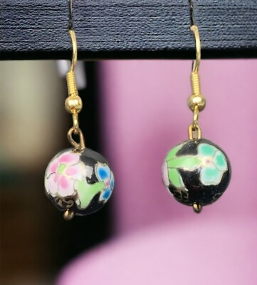 #ad Cloisonné Pierced Earring Set Vintage Bright multi colour pink Aqua blue Flower $14.50