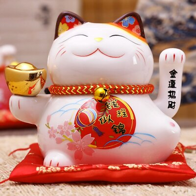 #ad 5 inch Ceramic Fortune Cat Waving Hand Lucky Cat Plutus Cat Battery Powered Feng $24.60
