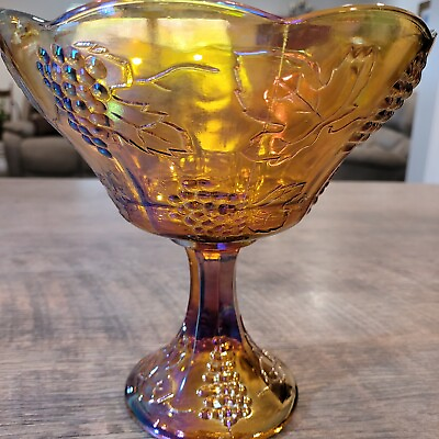 #ad Vintage Indiana Marigold Amber Iridescent Carnival Glass Footed Fruit Bowl $26.50