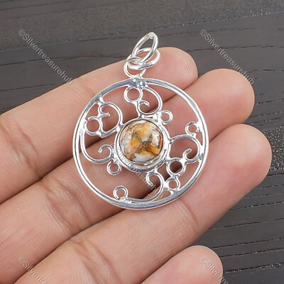 #ad Natural Orange Spiny Copper Turquoise Gemstone Pendant 925 Silver For Women $13.95