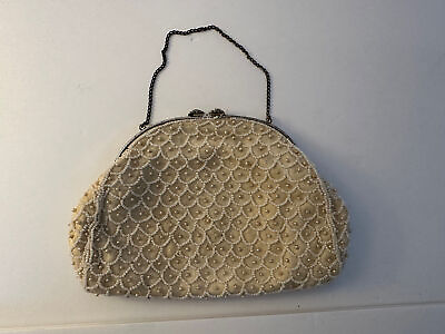 #ad VINTAGE H B pearl beaded ivory Evening Bag Purse 7 x 5 Made in USA $25.00