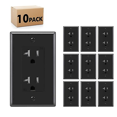 #ad 10Pack Black Outlet Socket Decora Duplex Receptacle 20 Amp 125 Volt With Plate $23.99