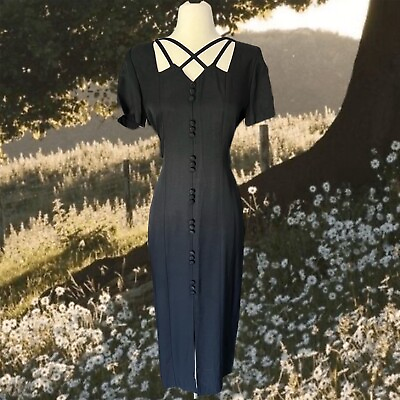#ad Vintage 90s Dawn Joy Fashions Dress Size 9 10 Black Strappy Long Cocktail $45.00