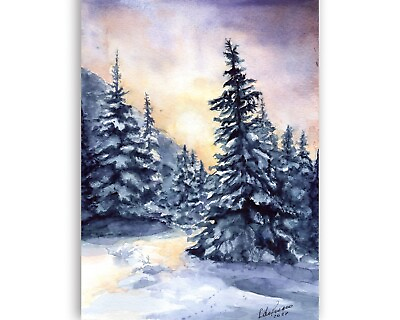 #ad Winter Forest watercolor painting. Snowy pine trees. Christmas landscape. $110.00