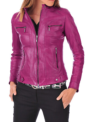 #ad Women Leather Jacket Genuine Lambskin Stylish Moto Bomber Biker Outerwear Pink $159.00