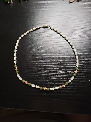 #ad Vintage Carved Mother of Pearl Beads Tulips Coral Chips Jade Necklace $14.00