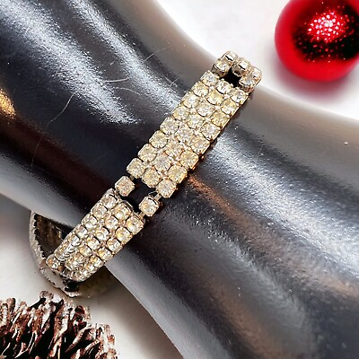 #ad Vintage Rhinestone Bracelet 3 Rows Diamante Prong Set Rhodium Plated Sparkly B4 $19.95