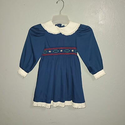 #ad Vintage Polly Flinders Smocked Blue Girls Dress Size 4 Easter Birthday Party $16.49