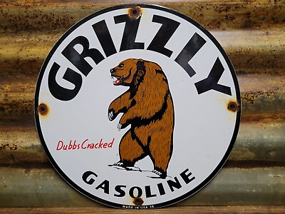 #ad VINTAGE 1936 GRIZZLY PORCELAIN SIGN DUBBS CRACKED HIGH OCTANE FUEL GASOLINE OIL $167.43