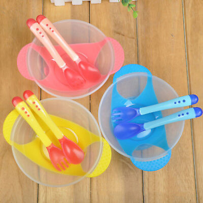 #ad 3pcs Feeding Spoon Multicolored Keep Clean Kids Feeding Bowl Spoon Fork Set $10.54