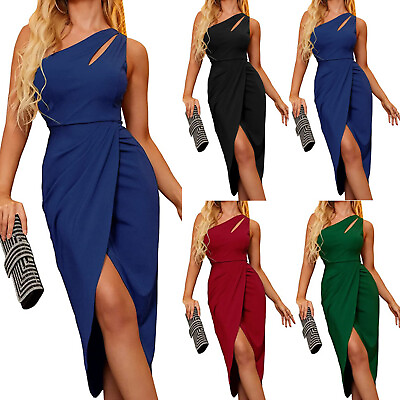 #ad Women One Shoulder Thigh Slit Midi Dress Sexy Lady Evening Party Cocktail Dress $18.59