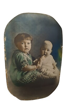#ad LARGE RARE ANTIQUE TODDLER CHILD BABY PHOTO COLORIZED FINGER IN MOUTH OVAL VTG $31.59