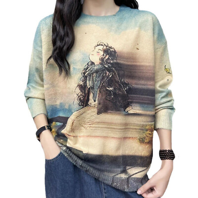 #ad Korean Women Fashion Knitted Sweaters Printed Loose Casual Pullover Warm Jumpers $35.80