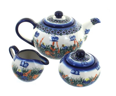 #ad Blue Rose Polish Pottery Spring Butterfly 3 Piece Tea Set $134.50