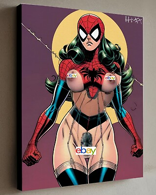 #ad XXX Spider Woman Painting w COA Framed Canvas 40X30cm Naked Sexy Comic $250.00