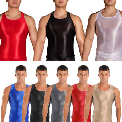 #ad US Men Tank Top Shiny Glossy Satin Silky Vest Running Workout Muscle Tee Shirts $8.79