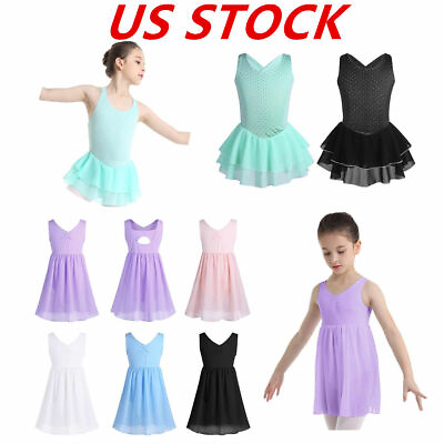 #ad US Girls Ballet Dance Dress Gym Roller Skating Leotard Chiffon Dancewear Costume $5.23