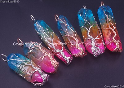 #ad Natural Gemstone Quartz Crystal Rainbow Titanium Coat Handmade Life Tree Pendant $6.38