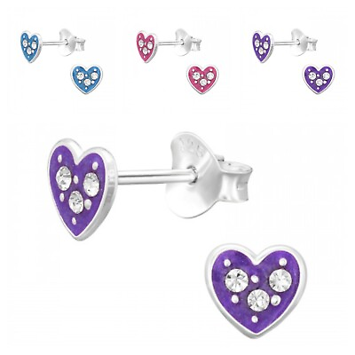 #ad 925 Sterling Silver Heart Stud Earrings Boxed Childrens Pink Blue Purple GBP 6.25