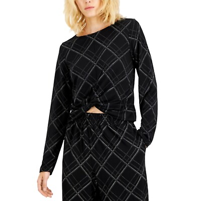 #ad Alfani Blouse Black Monic Plaid Long Sleeve Twist Shirt Top Petite NWT Womens PM $24.95
