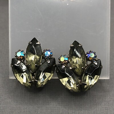 #ad Earrings Clip On Rhinestone Stud Clear AB Marquise Prong Set Silver Tone $11.18