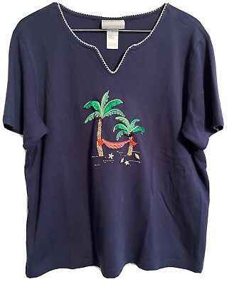 #ad Top 3D Palm Tree Beach Embellished Women#x27;s Petite Large Pullover Blue $15.88