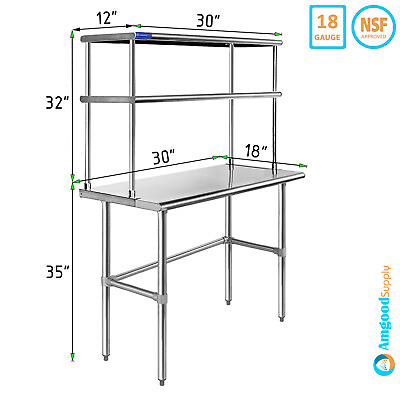 #ad 18quot; x 30quot; Stainless Steel Open Base Table With 12quot; Wide Double Tier Overshelf $370.95