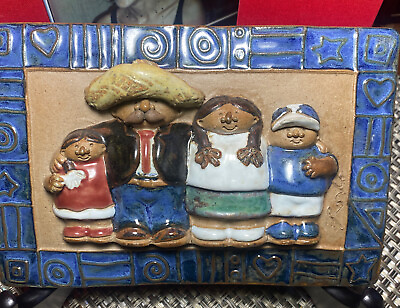 #ad Ceramic WallPlaque Mexican Folkart Happy Family Multicolor Handmade Signed $22.00
