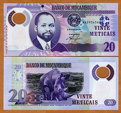 #ad Mozambique 20 Meticais 2011 P 149a POLYMER AA Prefix UNC Rhino $2.56