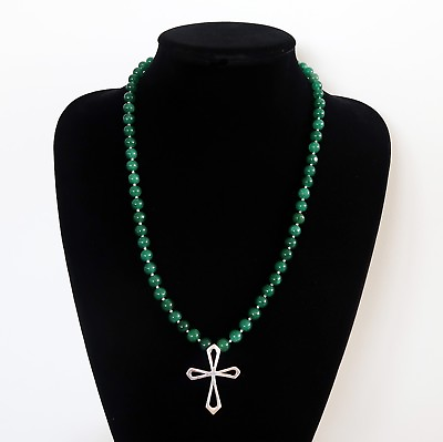 #ad Necklace Beads D#x27;Emerald And Silver Ornate of A Cross Sterling Silver $85.22
