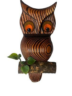 #ad Mid Century Modern Carved Wooden Owl on a Branch Big Eyes Orange $21.95