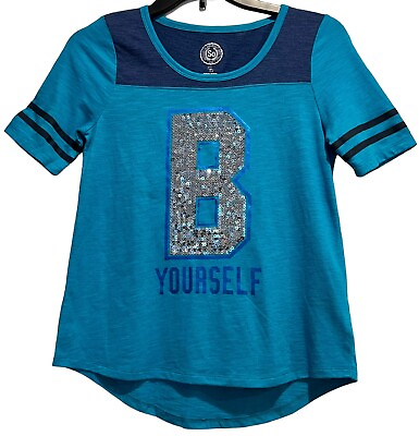 #ad SO Girls Sequin Varsity Tee Size 14 Large Blue Be Yourself Sequin Top NWT $10.00