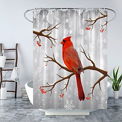 #ad Winter Christmas Shower Curtain Xmas Red Birds Branches Pine Tree Berry Snowf... $18.76
