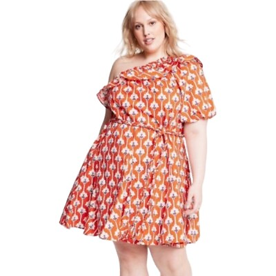 #ad RHODE Target One Shoulder Floral Dress Plus Size 1X 18 Orange Lotus Rope Tie $23.00