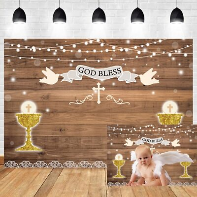 #ad 10x8ft God Bless Backdrop First Holy Communion Baptism Party Decorations Bann... $43.35