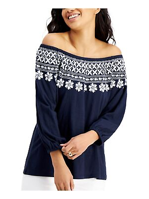 #ad TOMMY HILFIGER Womens Navy Elastic Neckline And Cuffs 3 4 Sleeve Top XS $8.99