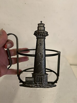 #ad Vntg Metal Lighthouse Candle Holder Handheld Large Rare Excellent Condition $15.00