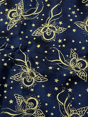 #ad Cotton Fabric Navy Colored Screen print With Gold Wings flower 37” Wx 45”L $5.00