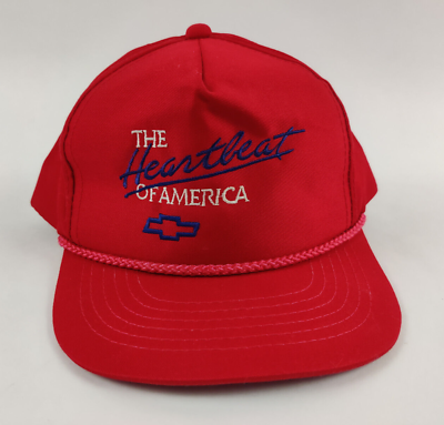 #ad Vintage Red Chevy Heartbeat of America Snapback Trucker Hat Rope Chevrolet $5.91