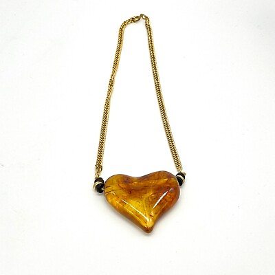 #ad Vintage Necklace Large Resin Amber Colored Heart Pendant $19.97