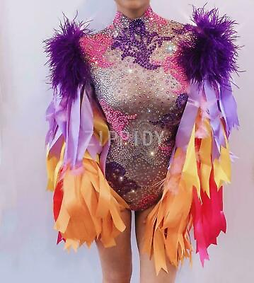 #ad Ladies Multi colored Rhinestone Ribbon Fringe Bodysuit Singer Dancer Costume $112.79
