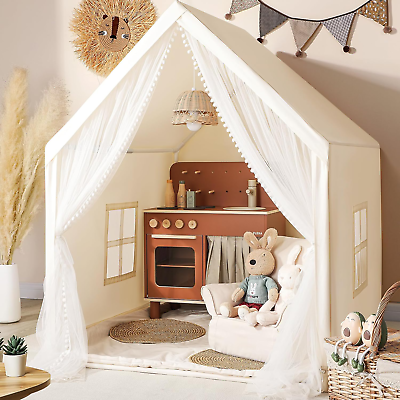 #ad Kids Tent Beige Play Tent with Long Mesh Curtain Large Playhouse for Indoor Outd $57.99