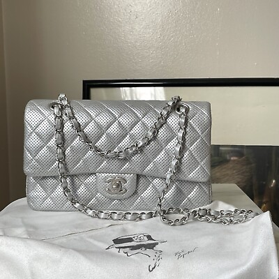 #ad CHANEL Quilted Perforated Silver Lambskin Leather Double Flap Bag Medium $3500.00