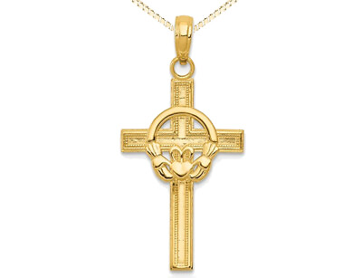 #ad 14K Yellow Gold Polished Cross Claddagh Pendant Necklace with Chain $279.00