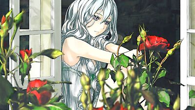 #ad Anime girls silver hair window flowers rose original Playmat Gaming Mat Desk $36.99