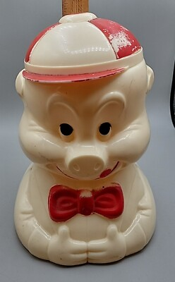 #ad Vintage 1940’S Celluloid Porky Pig Cookie Jar 9quot; Red Bow Tie $40.00